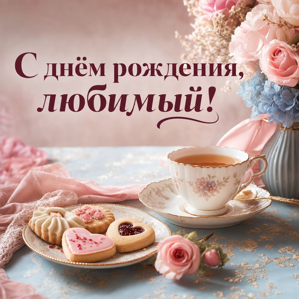 Уютная открытка с чаем и печеньем для любимого на день рождения.
