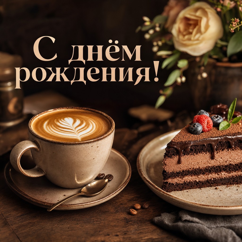 Наслаждайтесь моментом с этой открыткой на день рождения с кофе и тортом.