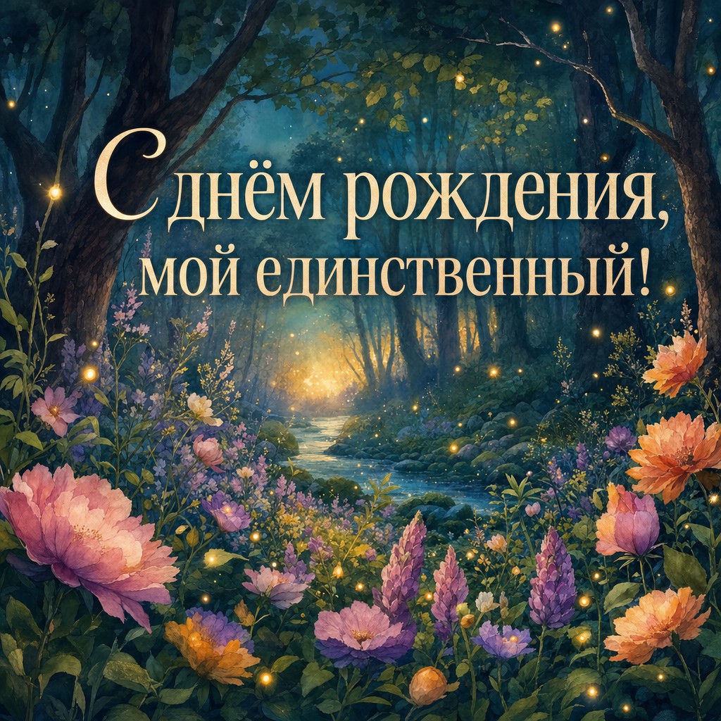 Загадочная открытка с цветами и светлячками для любимого на день рождения.