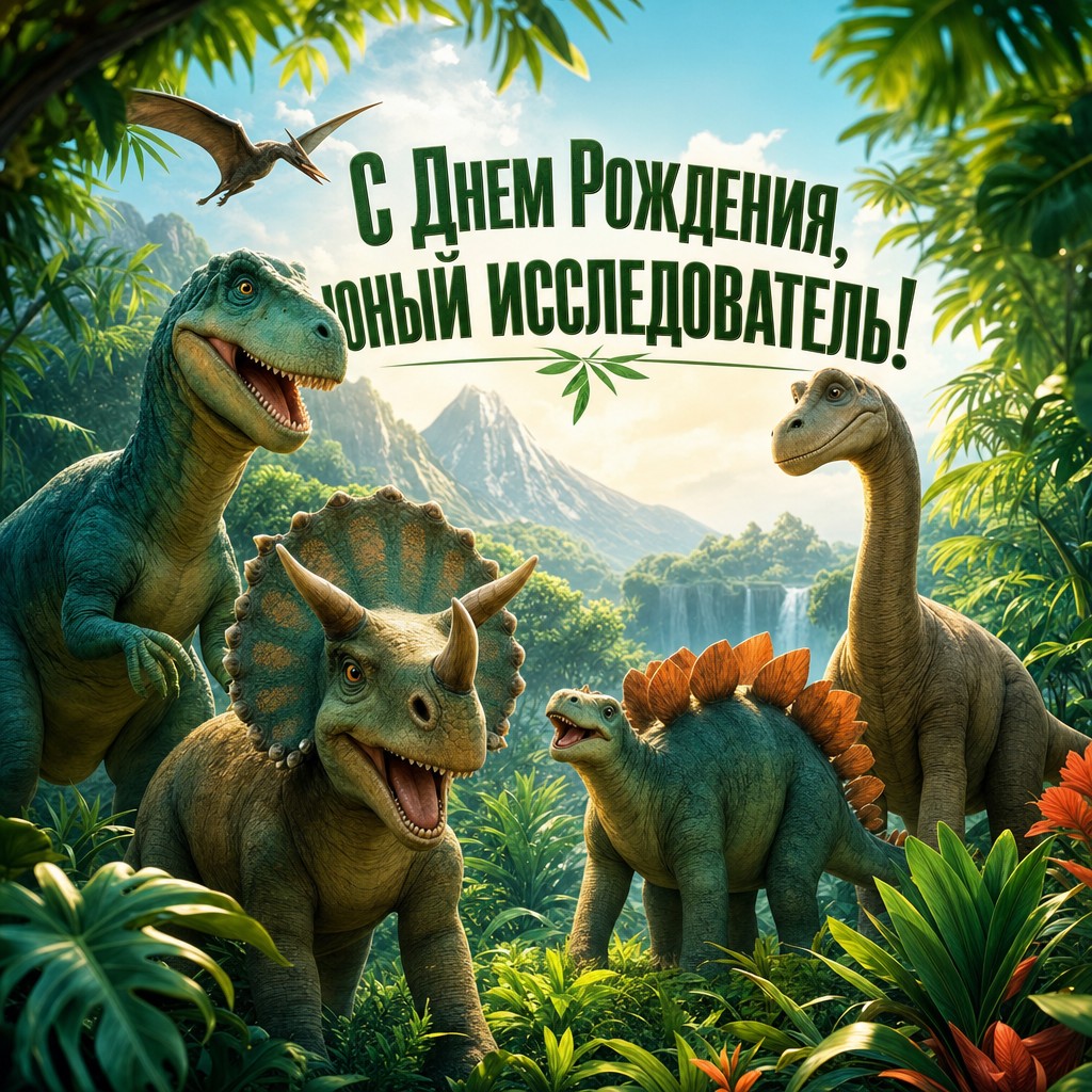 Веселая открытка с днем рождения мальчику с изображением дружелюбных динозавров на фоне джунглей.