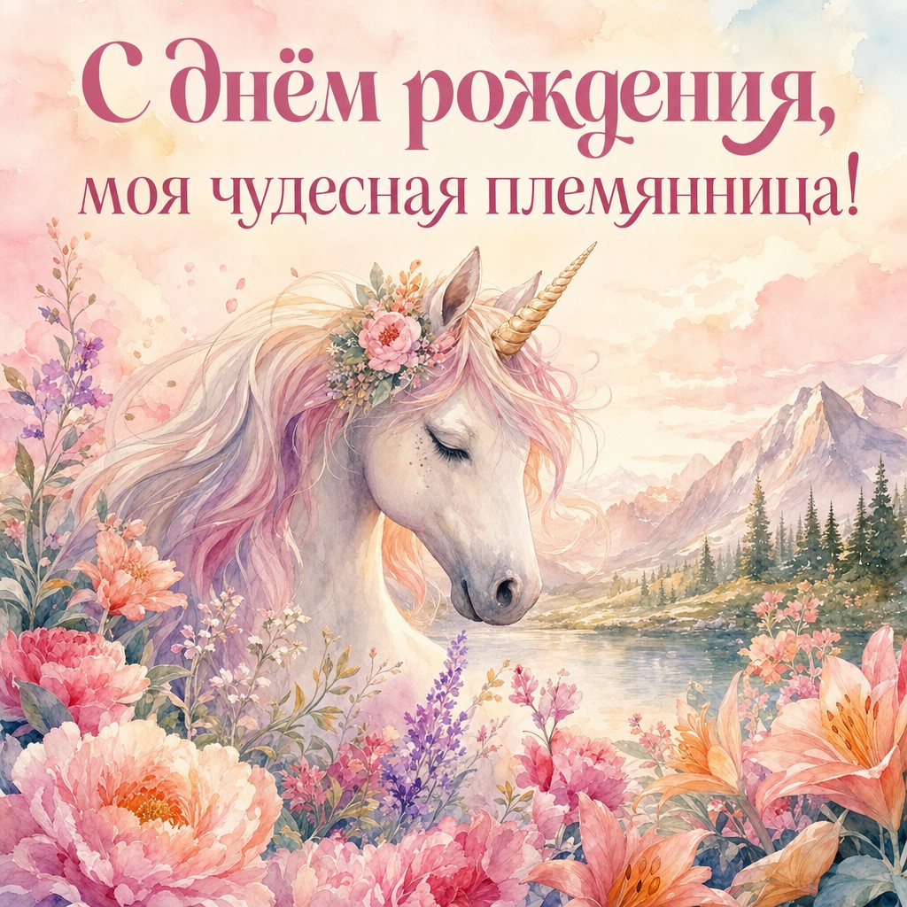 Сказочная открытка с единорогами для поздравления племянницы с днем рождения.