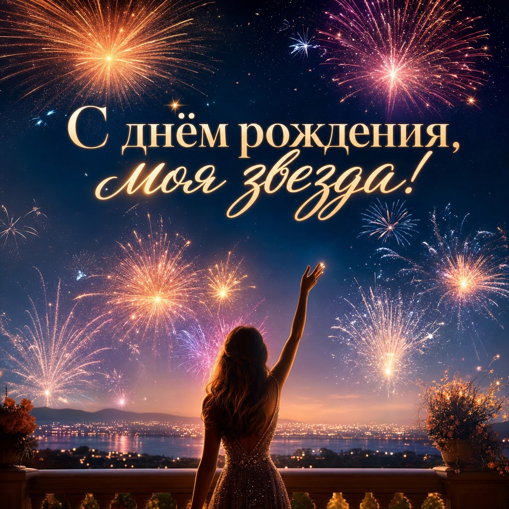 Яркая открытка с фейерверками для любимого на день рождения.