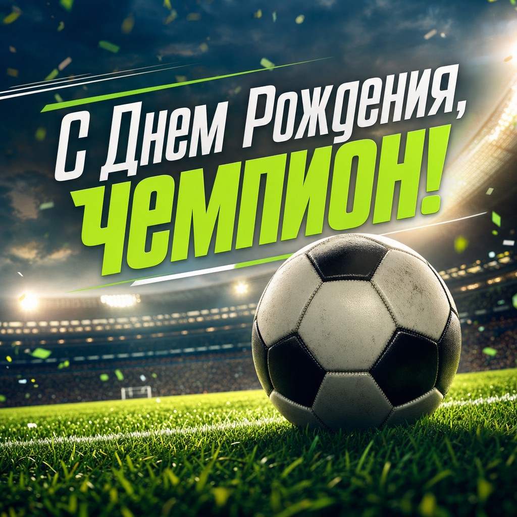 Энергичная открытка с днем рождения мальчику с изображением футбольного мяча на зеленом поле.