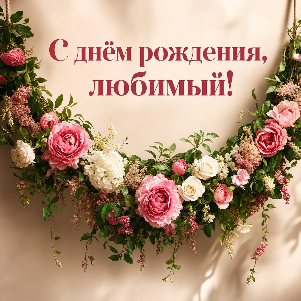 Красочная открытка с гирляндами из цветов для вашего любимого с пожеланием счастливого дня рождения.
