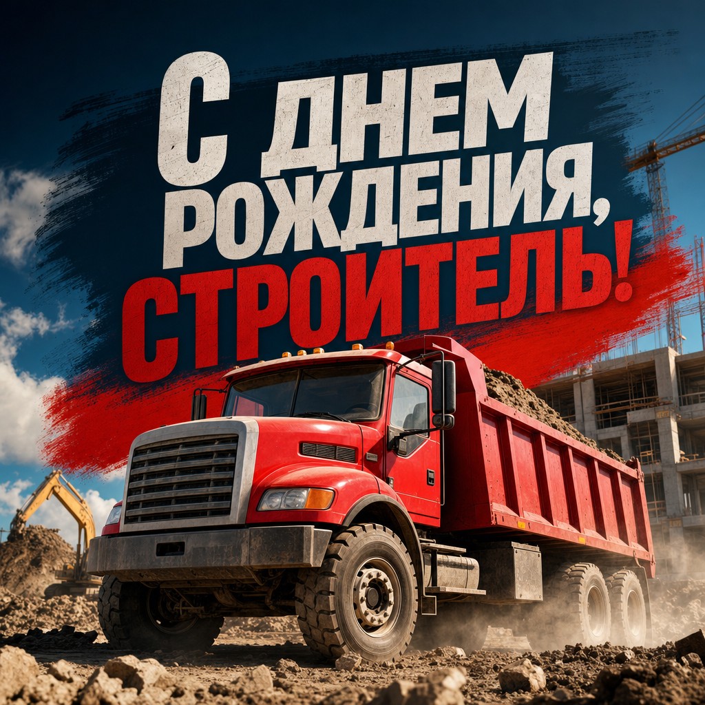 Яркая открытка с днем рождения мальчику с изображением грузовика на фоновом рисунке стройки.