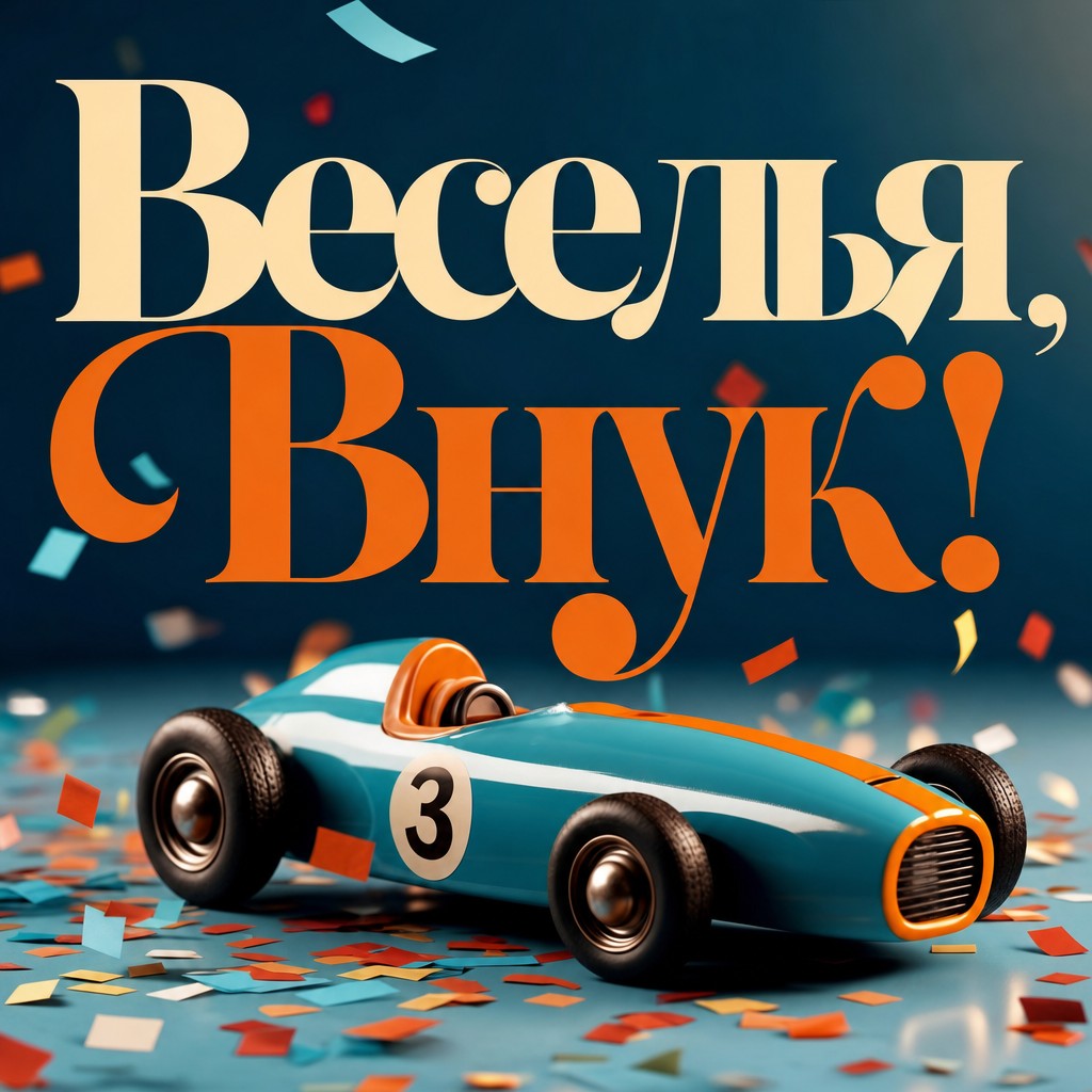 Яркая открытка для внука с игрушечным автомобилем.