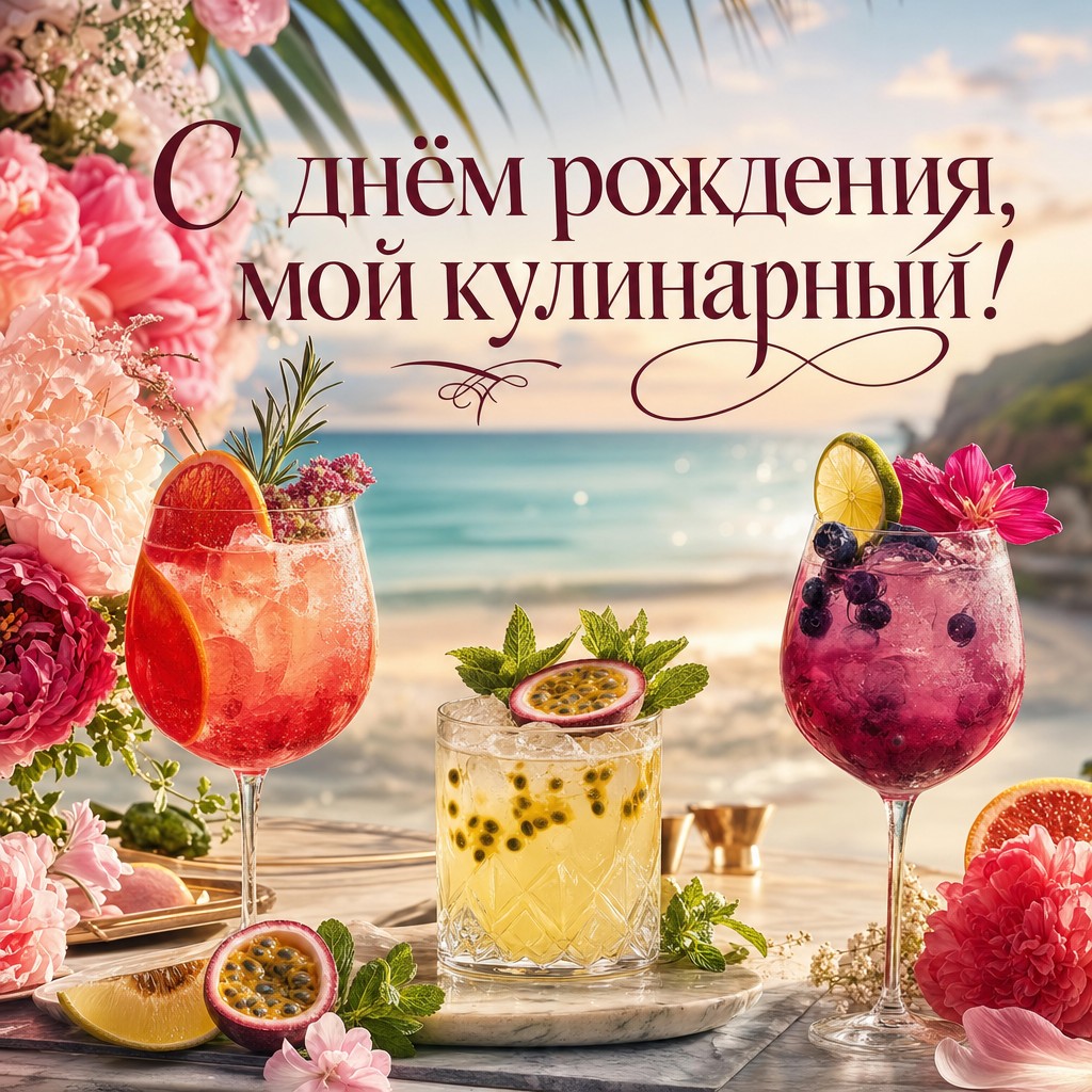 Элегантная открытка с коктейлями для любимого на день рождения.