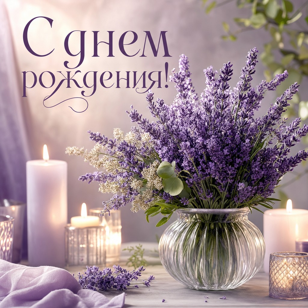 Подарите радость и уют с этой открыткой с лавандой и свечами на день рождения.