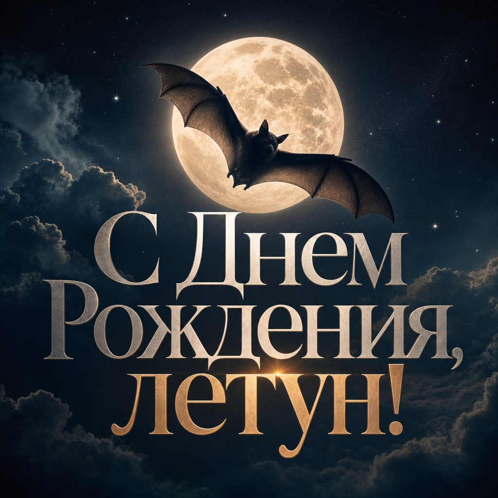 Стильная открытка с днем рождения мальчику с изображением летучей мыши на фоне луны.