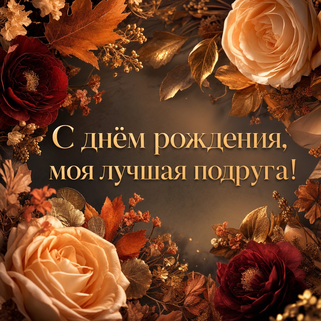 Элегантная открытка с днём рождения с листьями и цветами для лучшей подруги!