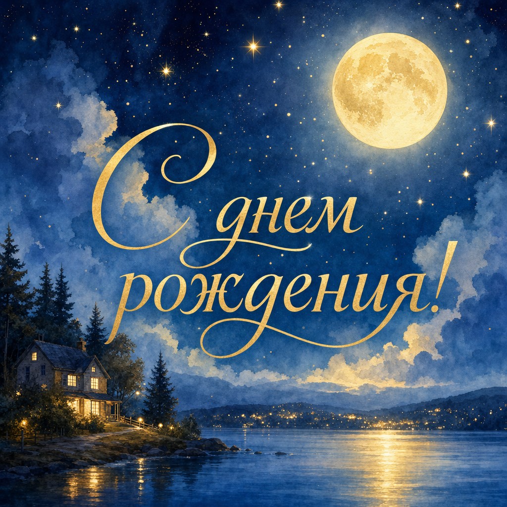 Пожелайте счастья с этой открыткой на день рождения с луной и звездами.