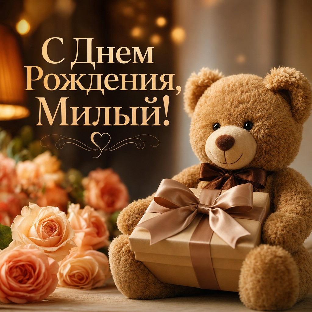 Очаровательная открытка для внука с медвежонком и подарком.