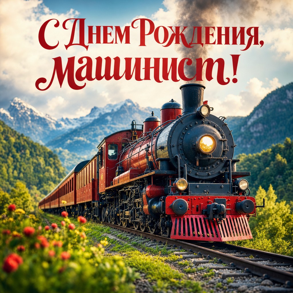 Яркая открытка с днем рождения мальчику с изображением паровоза на рельсах.