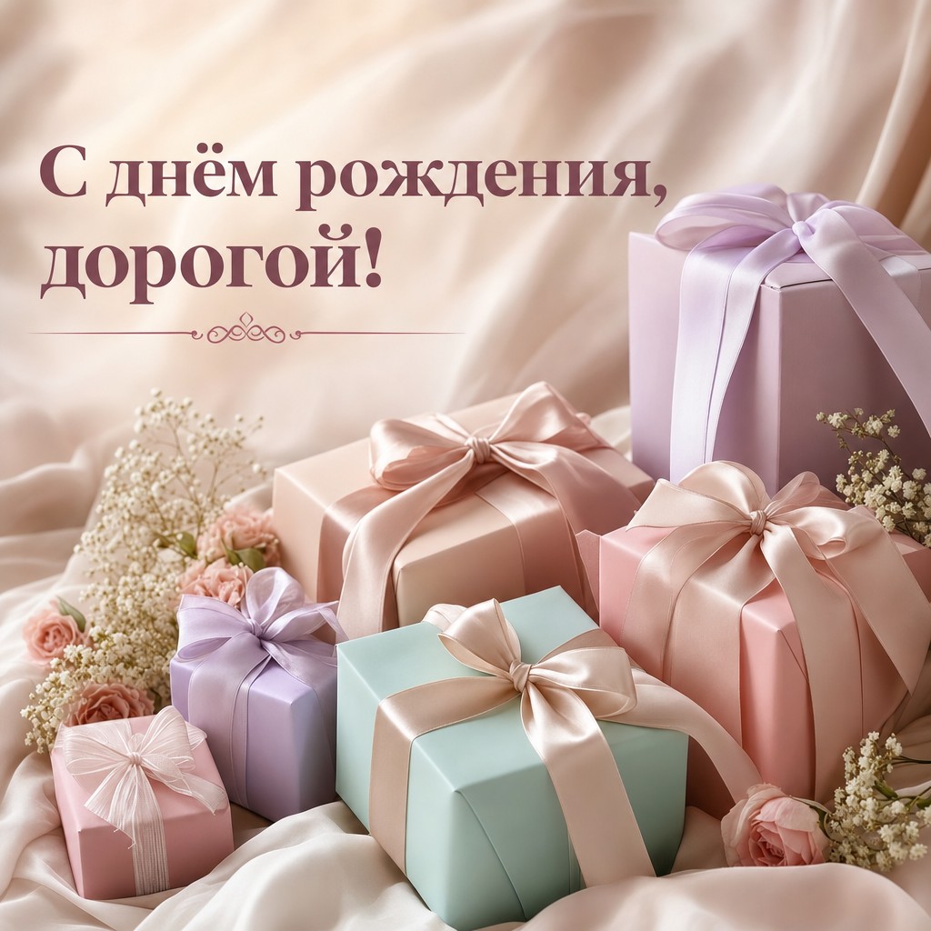 Нежная открытка с подарками для любимого на день рождения.