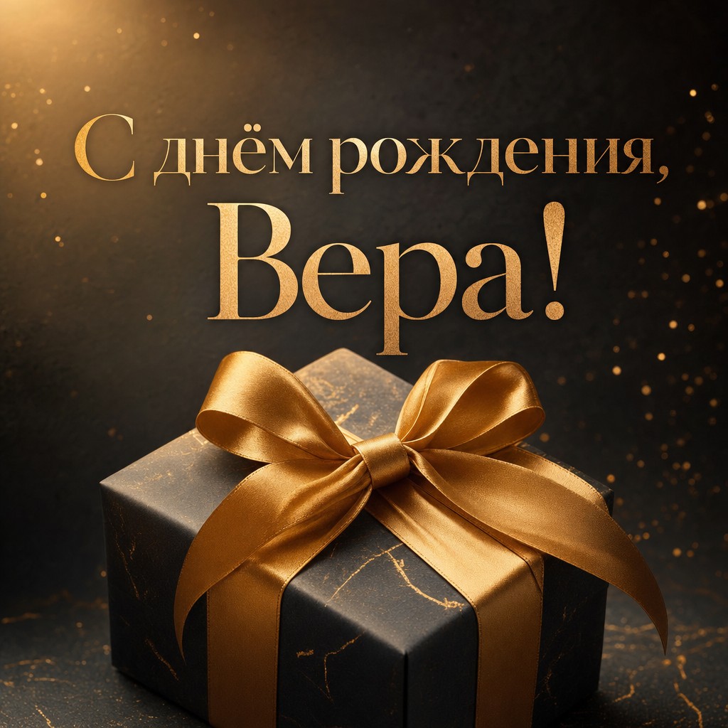 Стильная открытка с подарочной коробкой для поздравления Веры с Днем Рождения.