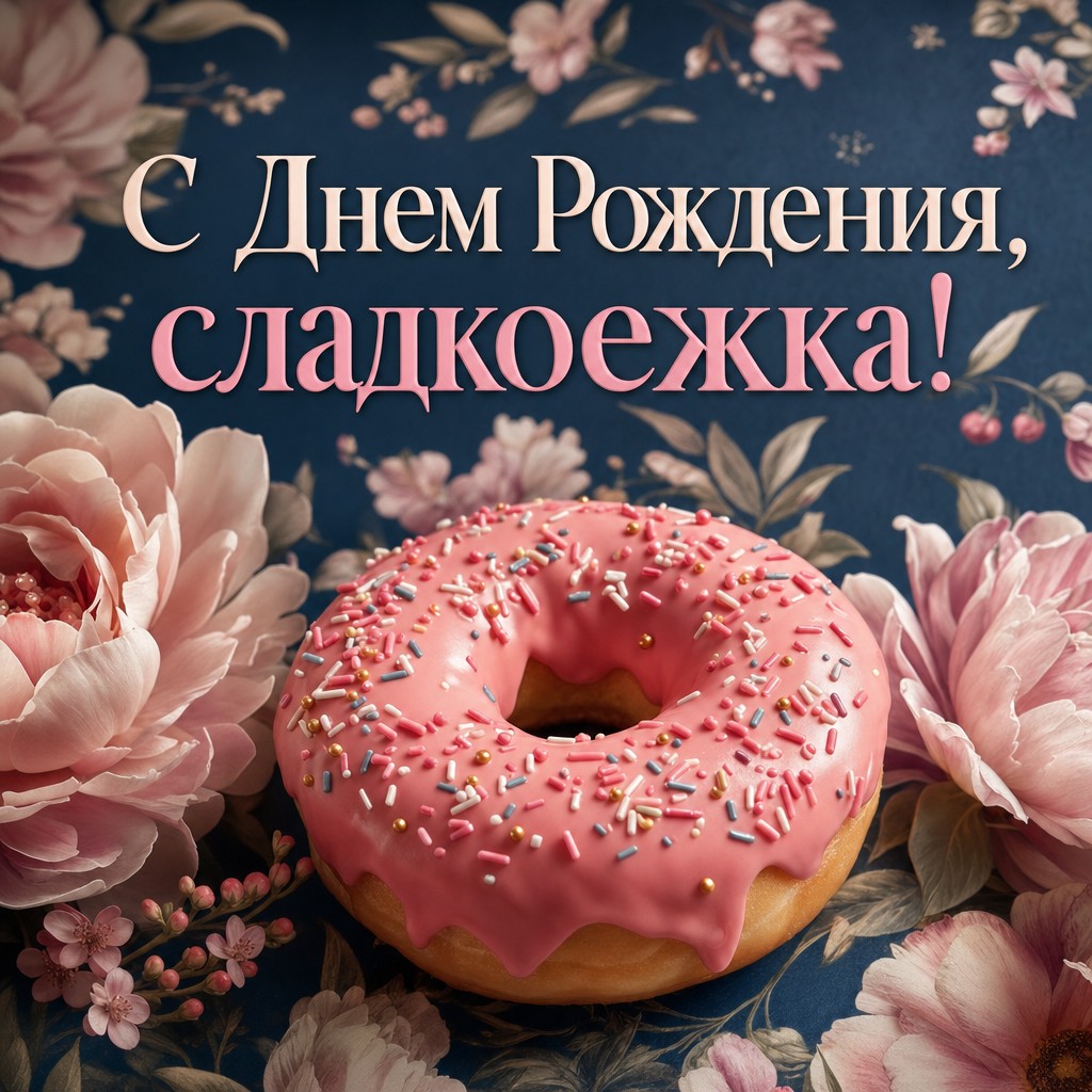 Сладкая открытка с днем рождения мальчику с изображением пончика на фоне цветочного узора.