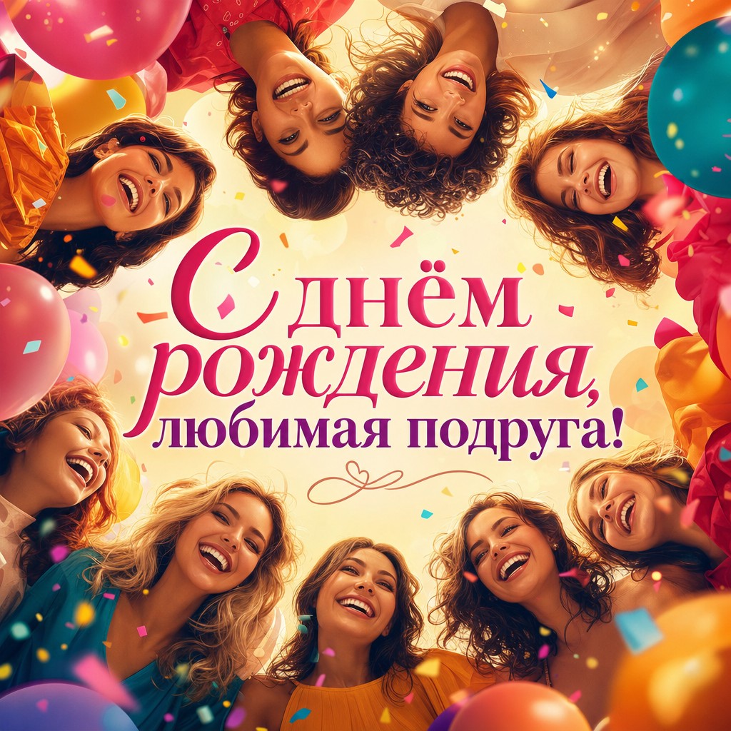Весёлая открытка с днём рождения с радостными лицами для подруги!