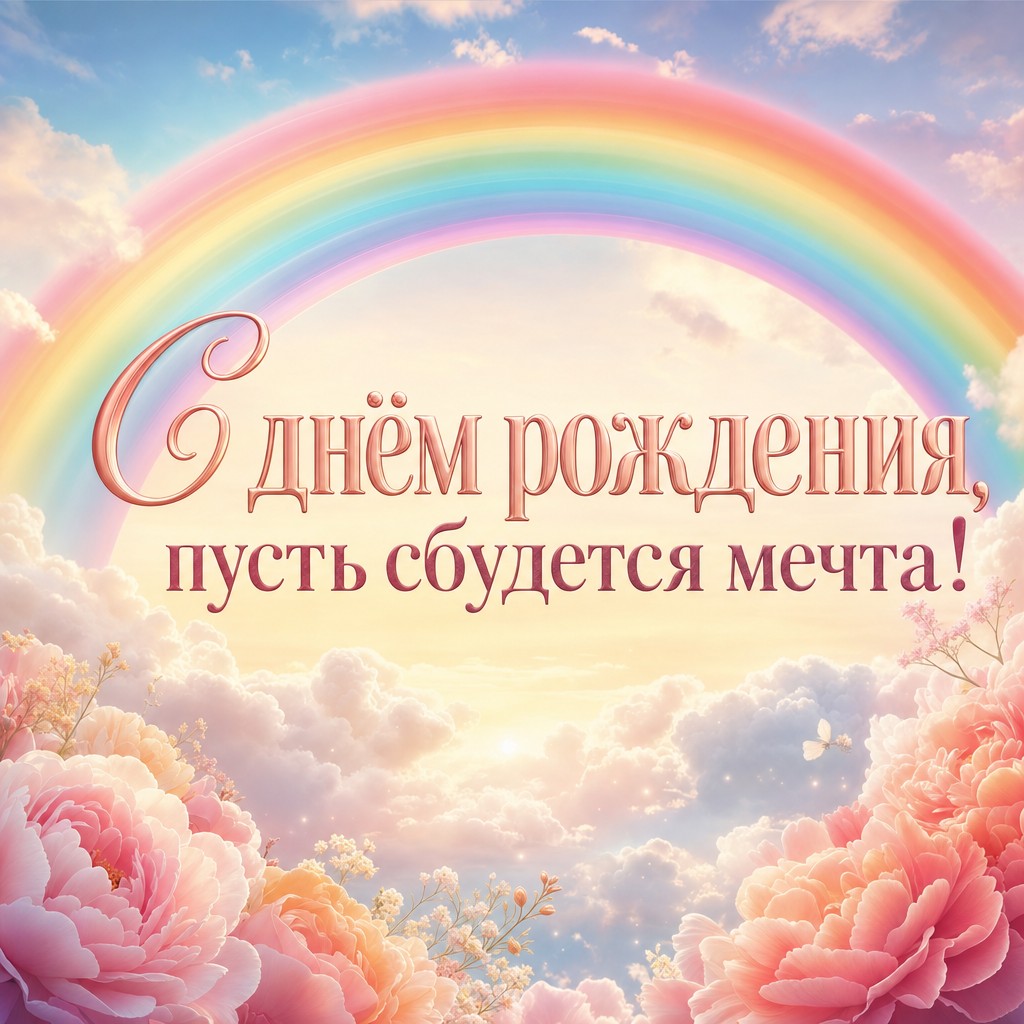 Яркая открытка с радугой и облаками для поздравления племянницы с днем рождения.