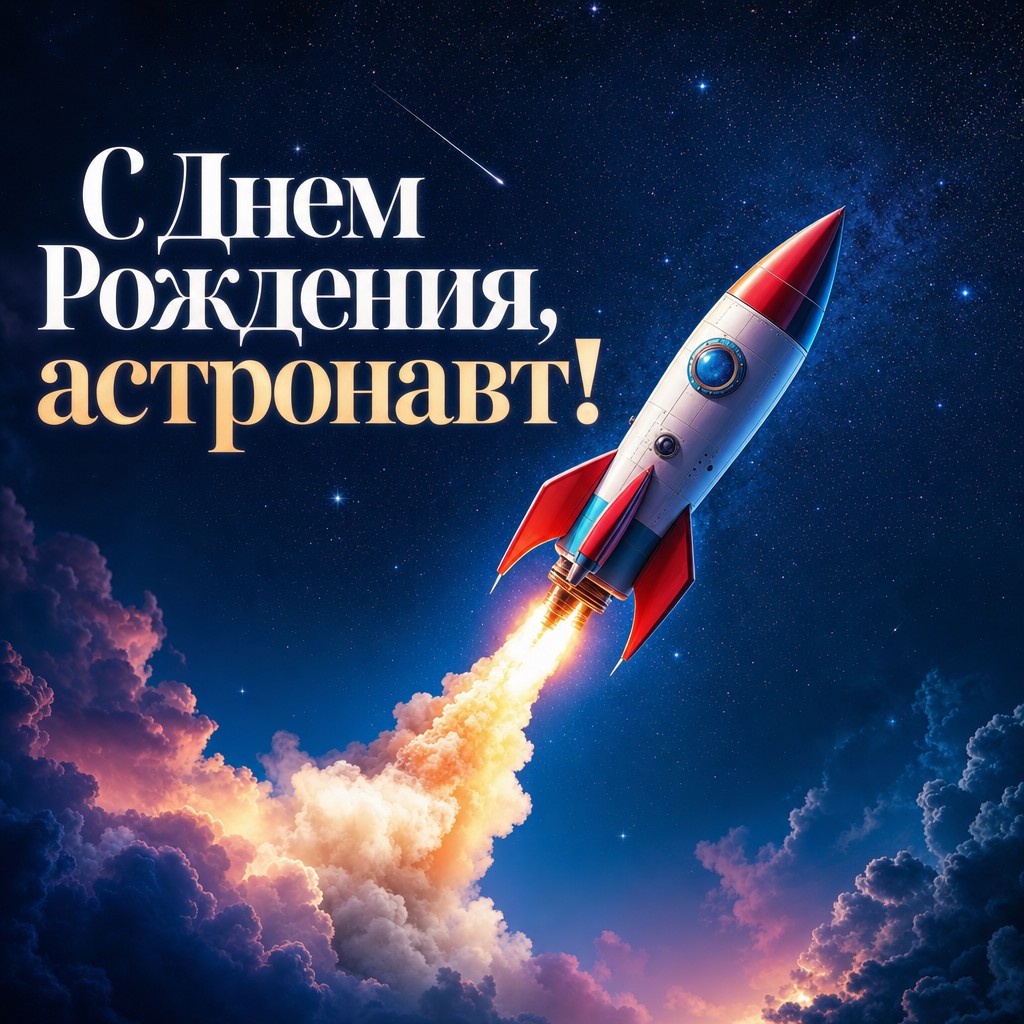 Открытка с днем рождения мальчику с изображением ракеты на фоне звездного неба.