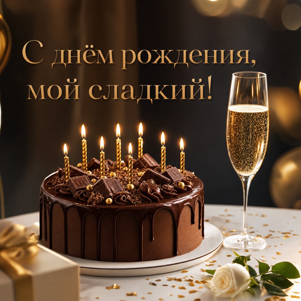 Элегантная открытка с шоколадным тортом и шампанским для вашего любимого на день рождения.