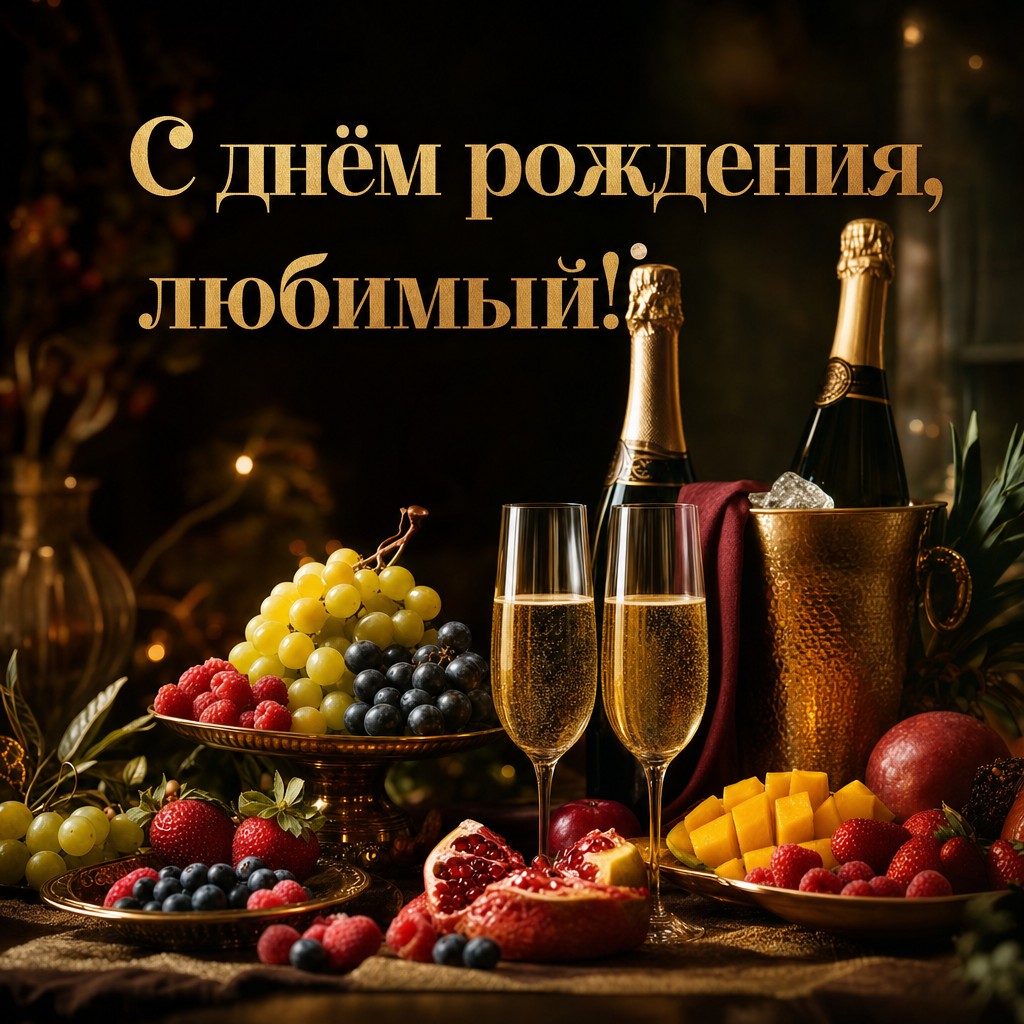 Элегантная открытка с шампанским и фруктами для вашего любимого на день рождения.