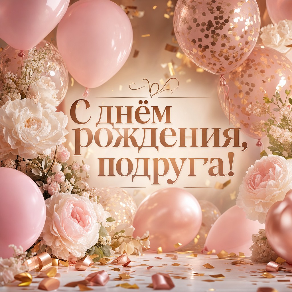 Открытка с днём рождения с шарами и цветами - идеальный способ поздравить подругу!