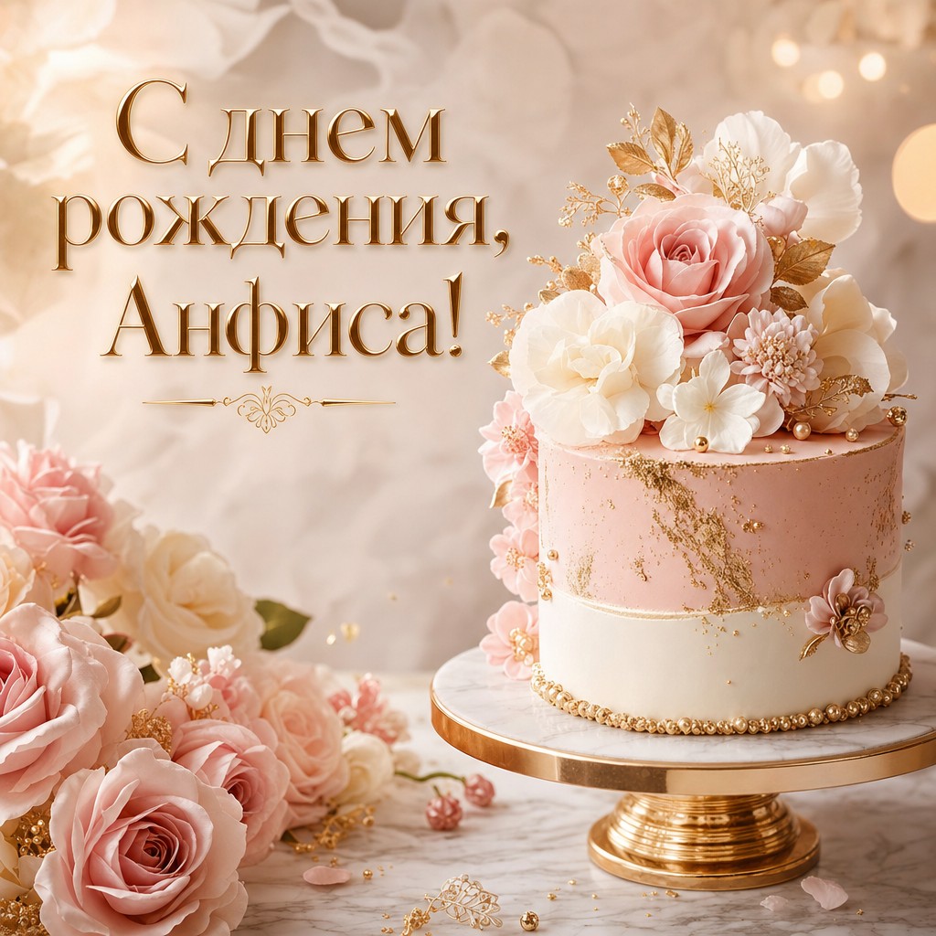 Премиальная открытка с днем рождения для Анфисы с красивым тортом.