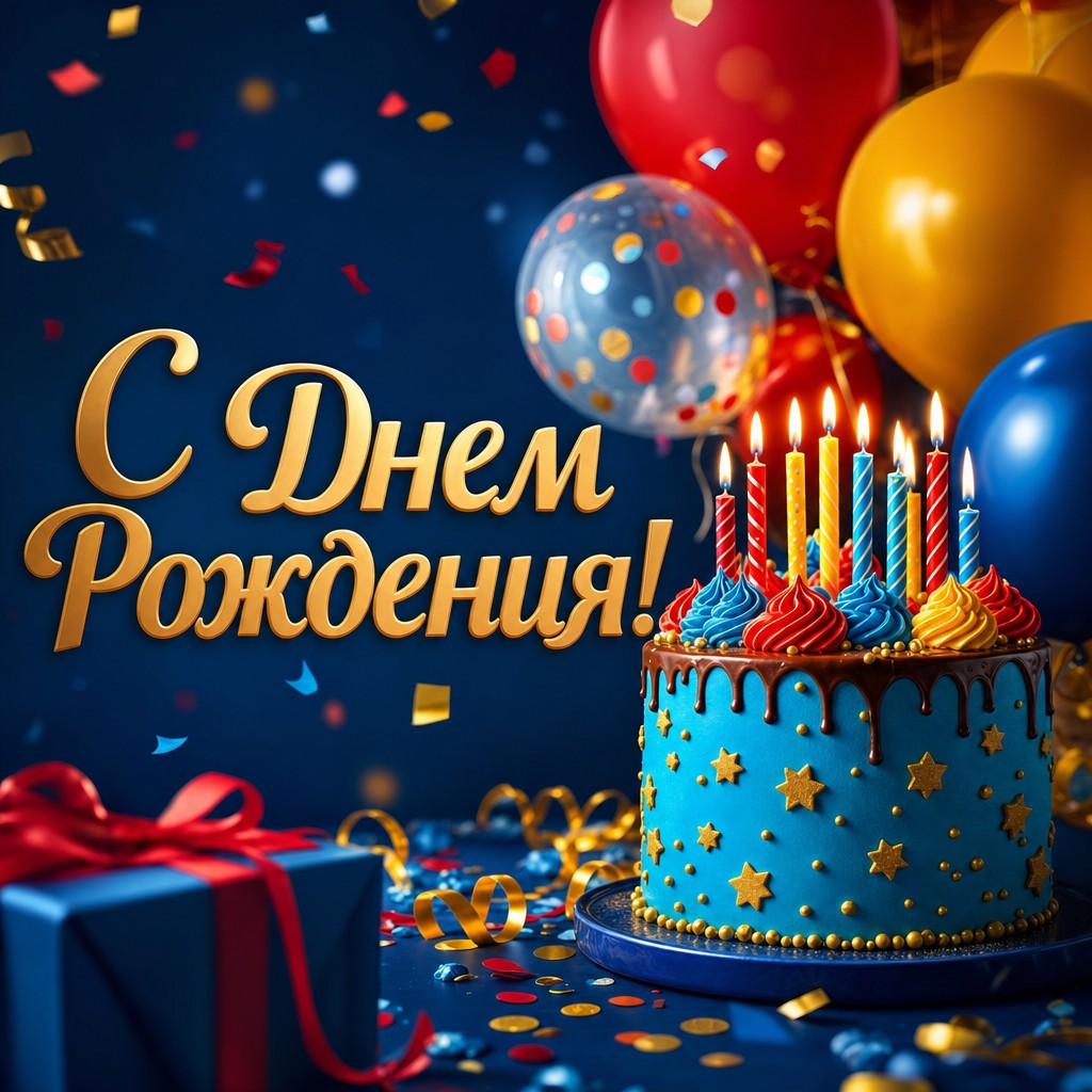 Яркая открытка с днем рождения мальчику с изображением праздничного торта и шариков вв ликующем настроении.