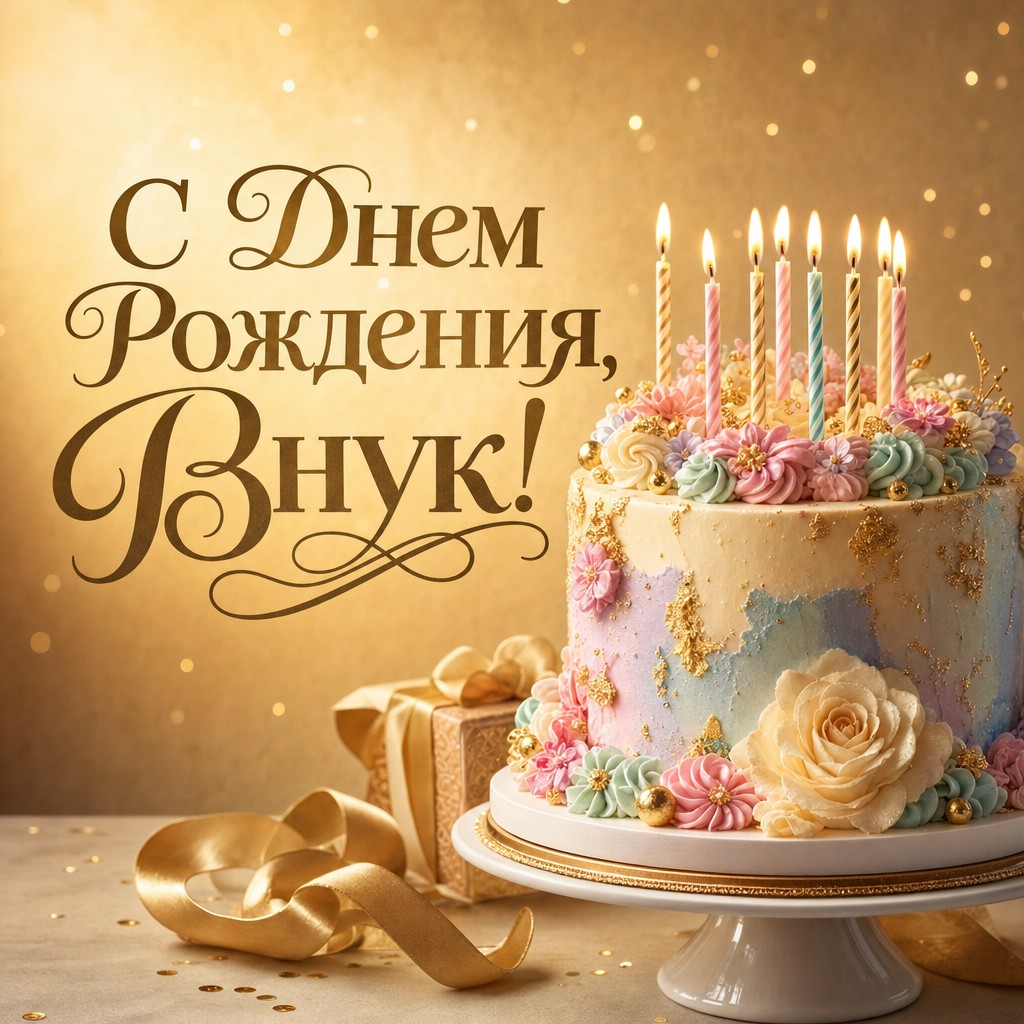 Поздравьте внука с днем рождения с этой стильной открыткой с тортом и свечами.
