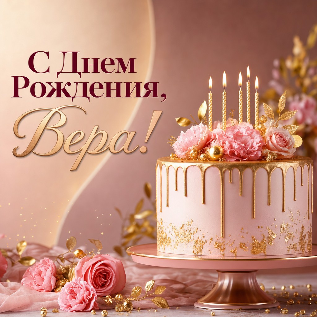 Премиальная открытка с тортом для поздравления с Днем Рождения Веры.