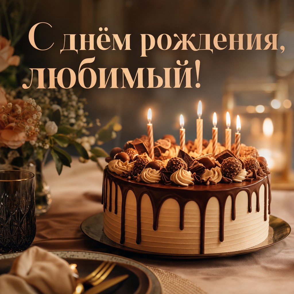 Тёплая открытка с тортом и свечами для любимого на день рождения.