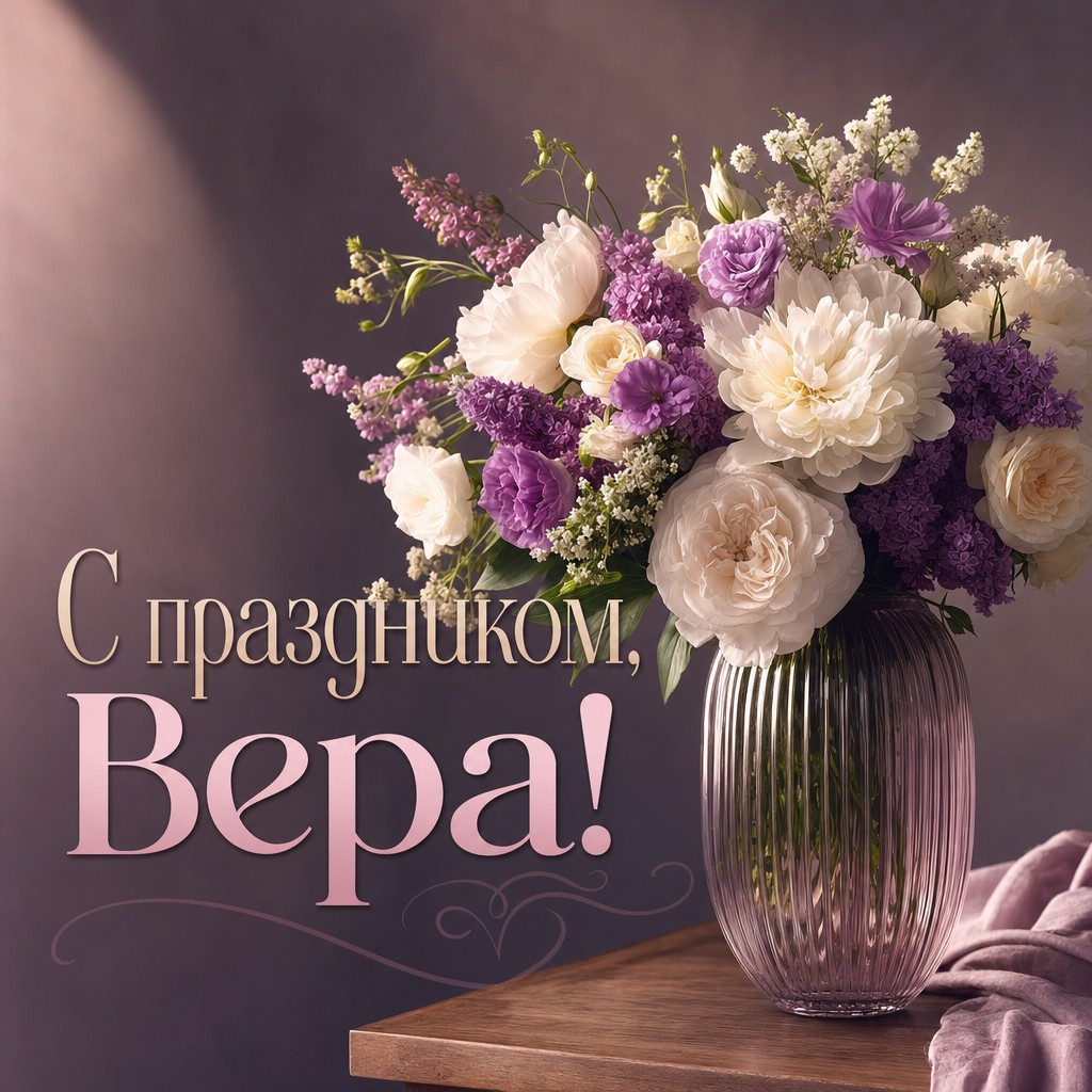 Элегантная открытка с вазой цветов для поздравления Веры с Днем Рождения.
