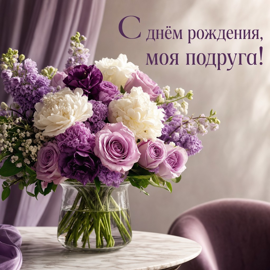 Живописная открытка с днём рождения с вазой и цветами для твоей подруги!