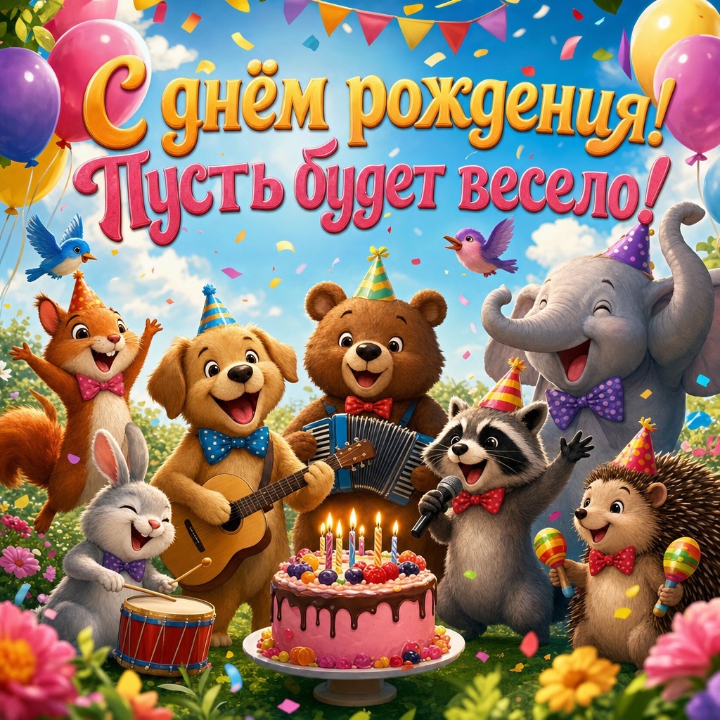 Позитивная открытка с веселыми животными для поздравления племянницы с днем рождения.