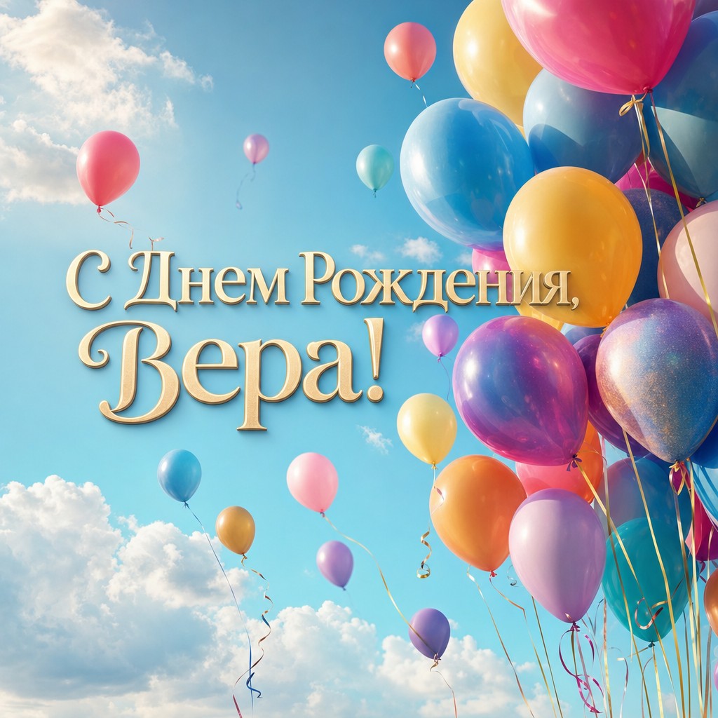 Яркая открытка с воздушными шарами для поздравления Веры с Днем Рождения.