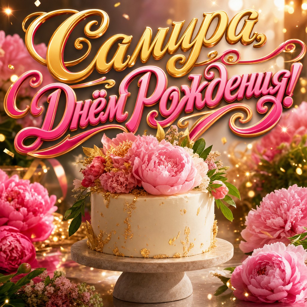 Премиальная открытка с Днем Рождения Самире: нежный торт, пионы и мягкая праздничная палитра.