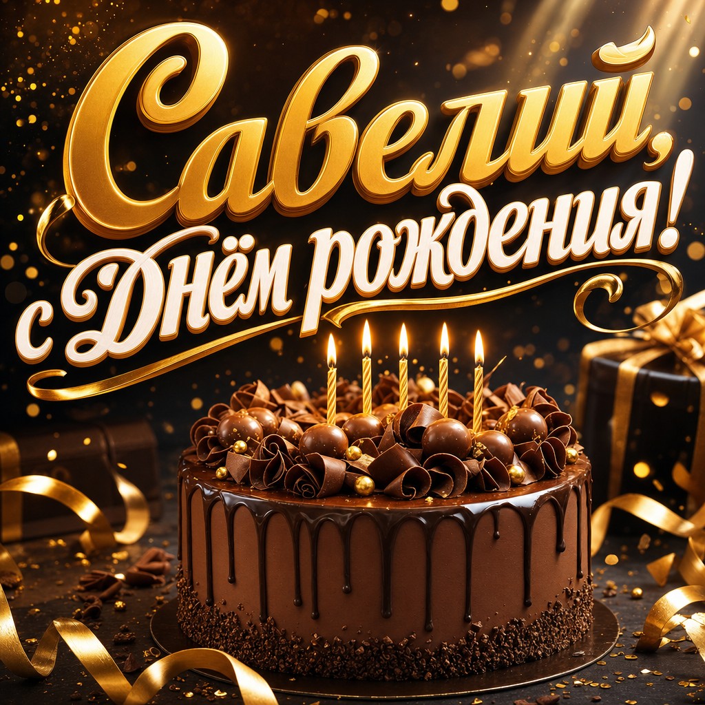 Стильная открытка Савелию на день рождения: шоколадный торт, свечи и теплый премиальный свет.