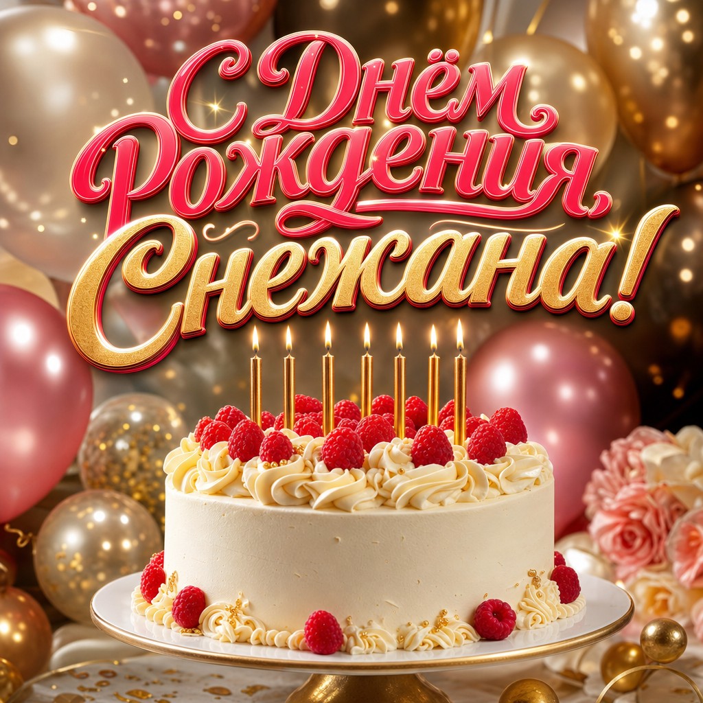 Нежная премиальная открытка Снежане на день рождения с тортом, свечами и воздушными шарами в оттенках шампань.