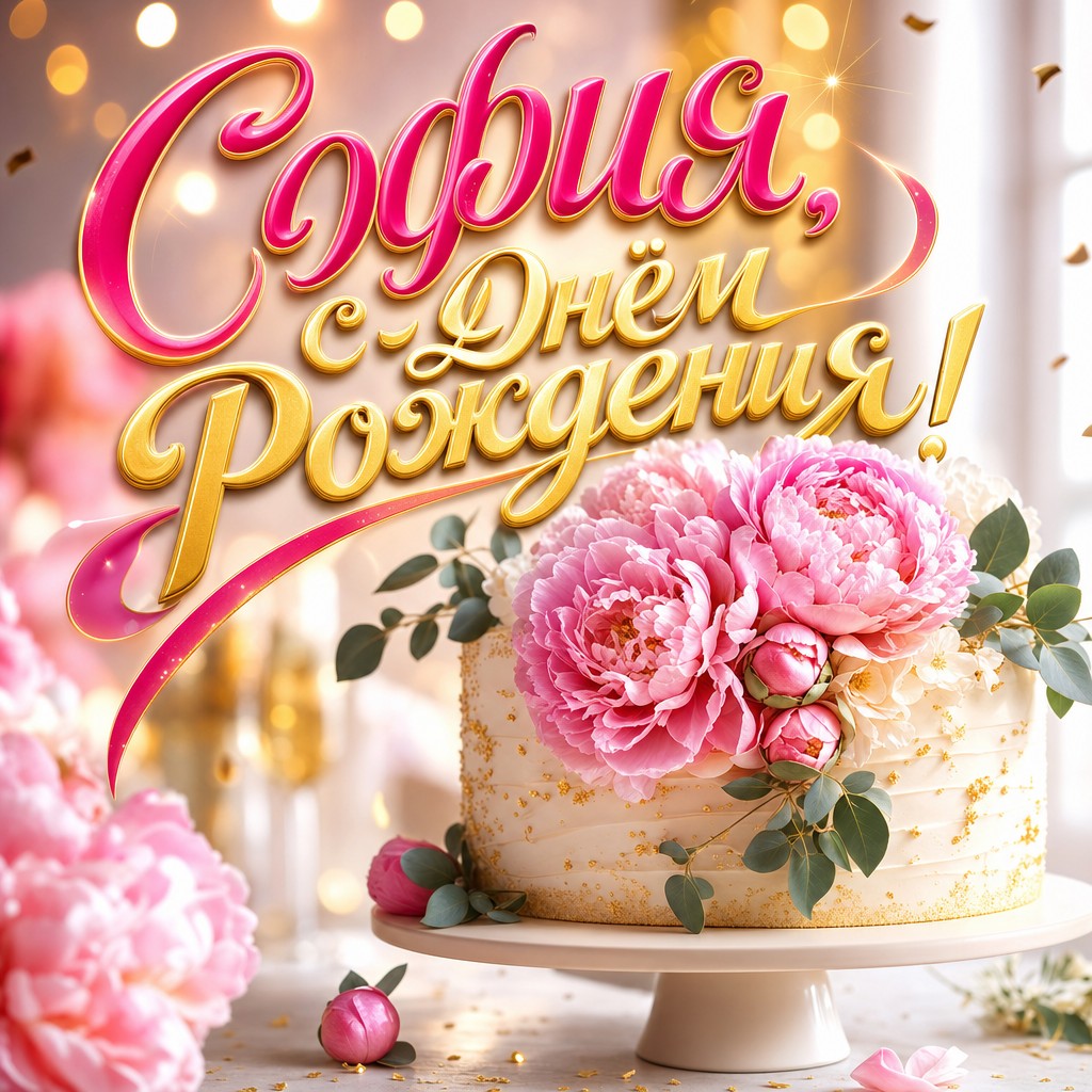 Нежная премиальная открытка для Софии: праздничный торт, пионы и светлая палитра для поздравления с днем рождения.