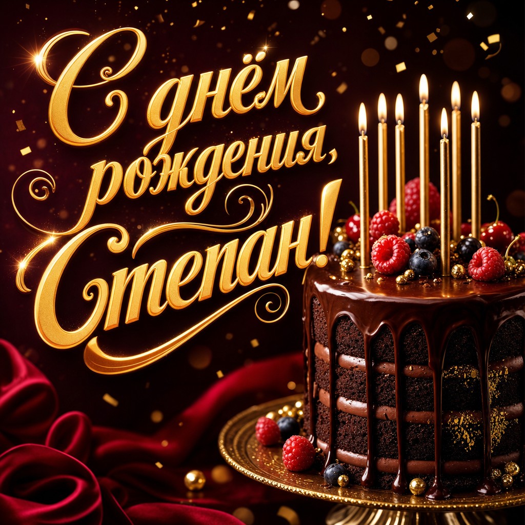 Красивая открытка Степану на день рождения с шоколадным тортом, свечами и премиальным тёплым настроением.