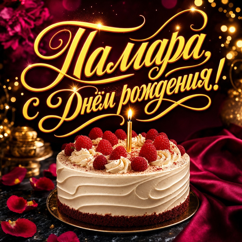 Премиальная открытка для Тамары на день рождения: стильный торт с ягодами, свечой и тёплым золотым светом.