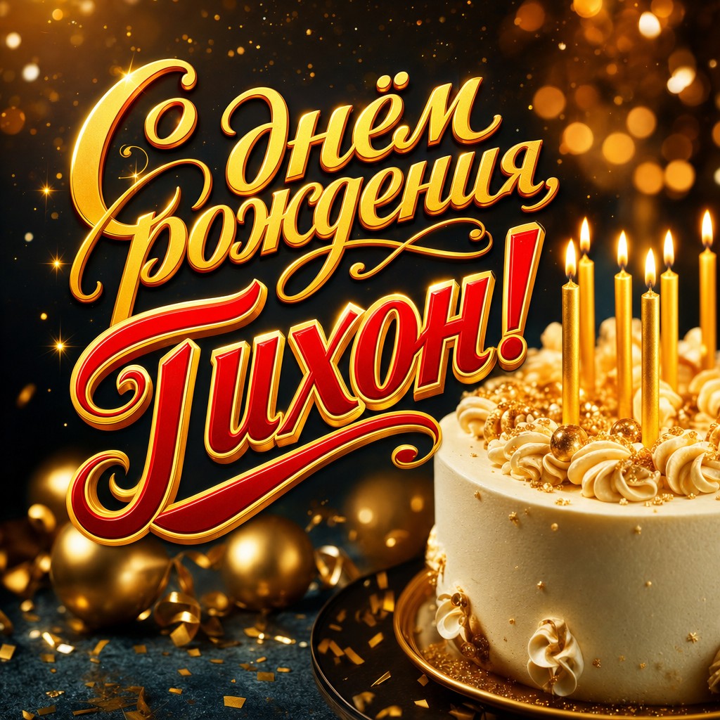Премиальная открытка с Днем Рождения Тихону: элегантный торт, свечи и теплое праздничное настроение.