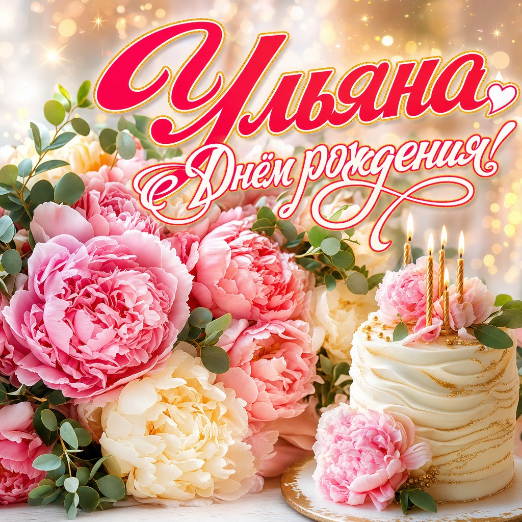 Красивая открытка Ульяне на день рождения: нежные пионы, кремовый торт и премиальная светлая эстетика.