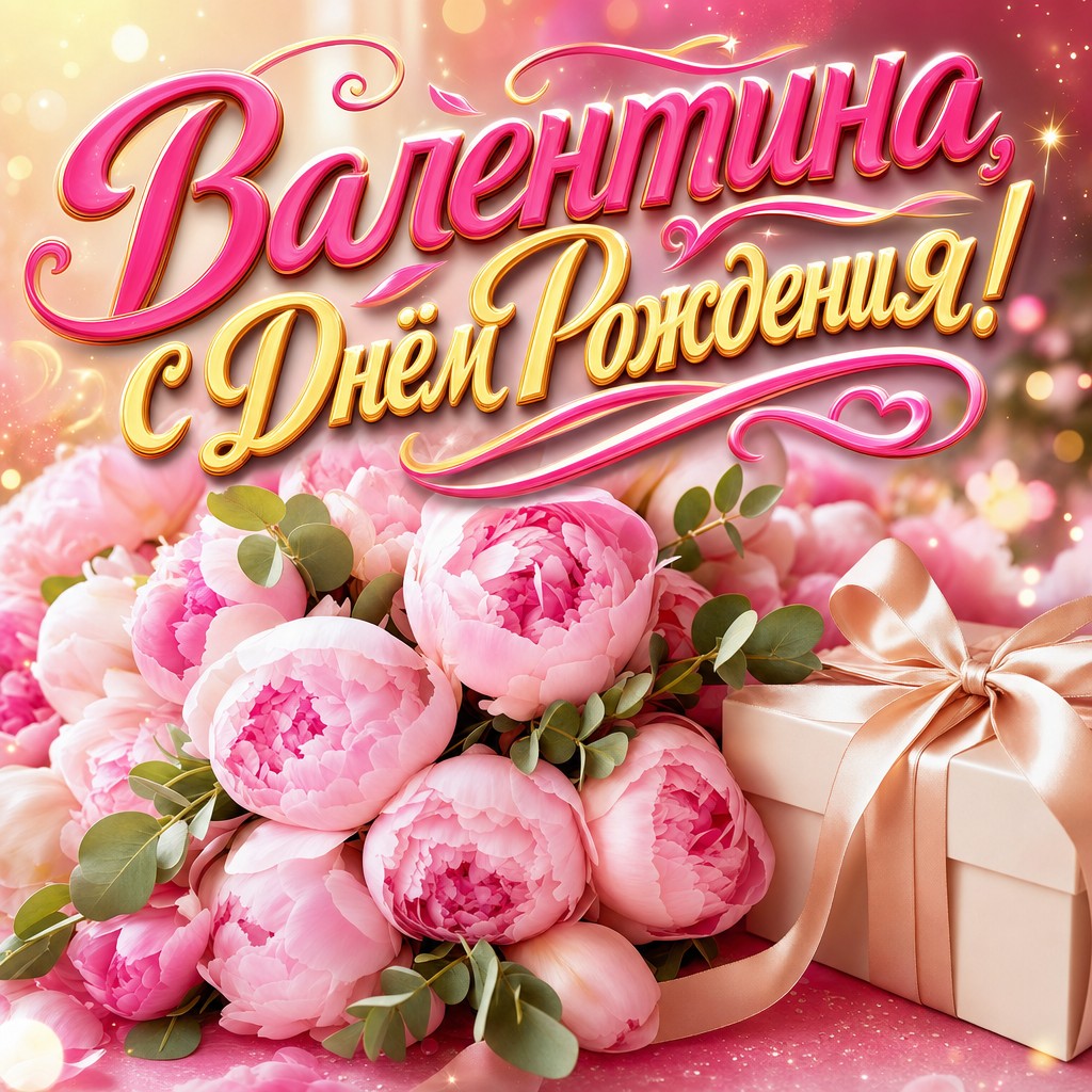 Нежная премиальная открытка Валентине на день рождения с пионами, подарком и мягкой розово-кремовой палитрой.