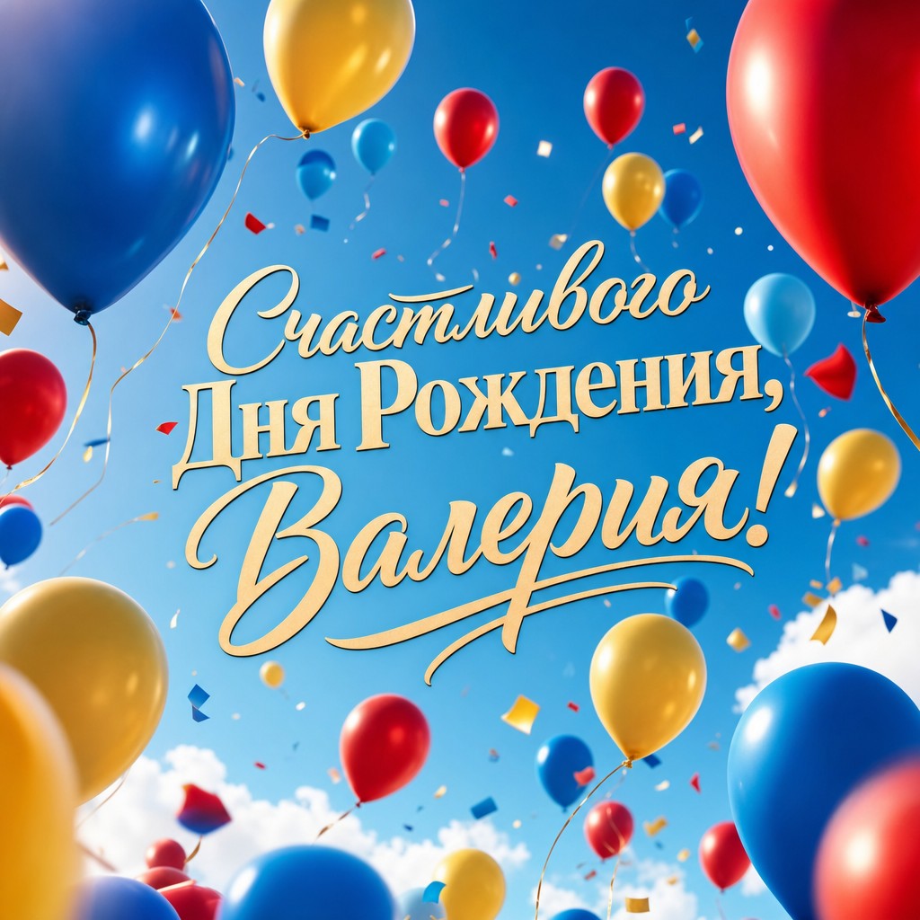 Яркая открытка с шарами для поздравления Валерии с Днем Рождения.