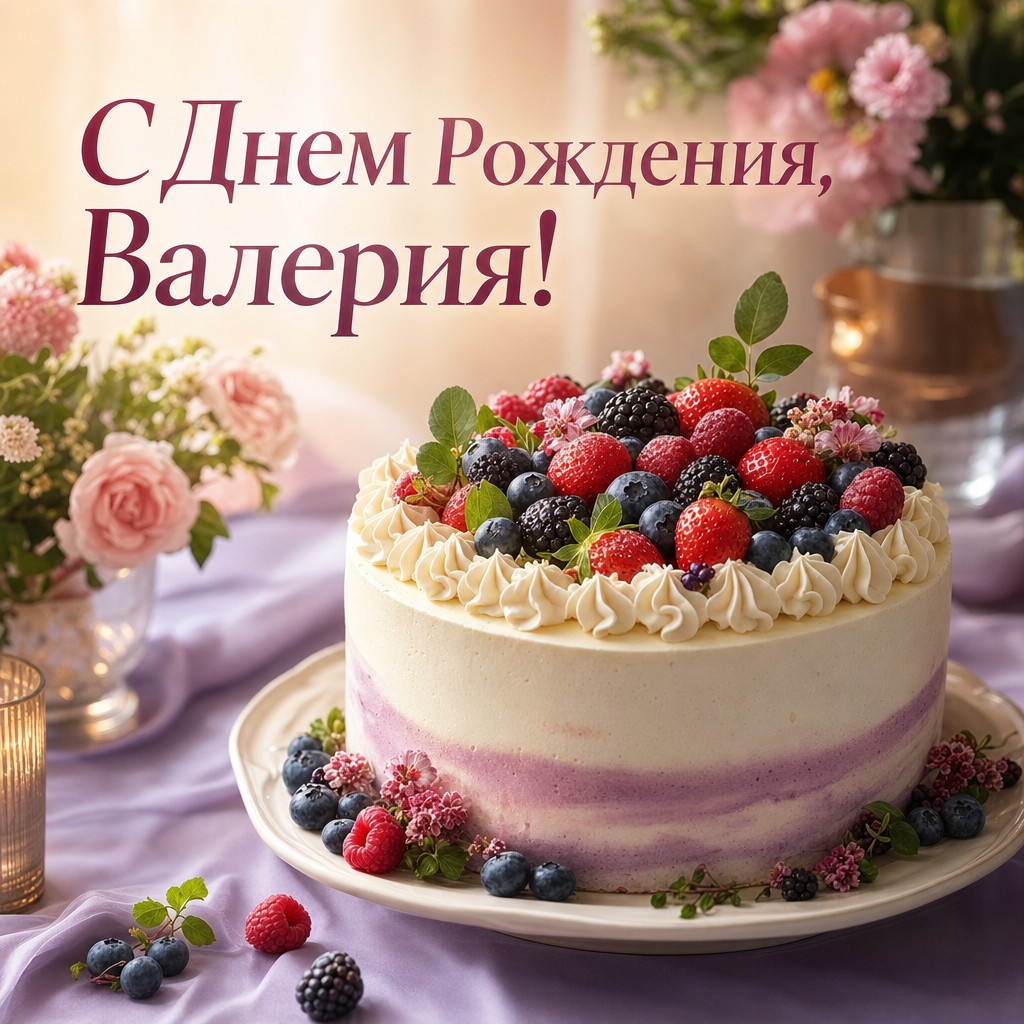 Поздравительная открытка с тортом и ягодами для Валерии с днем рождения.