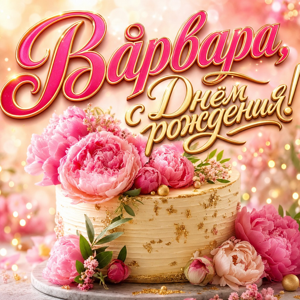 Нежная премиальная открытка для Варвары на день рождения: кремовый торт, пионы и мягкий праздничный свет.