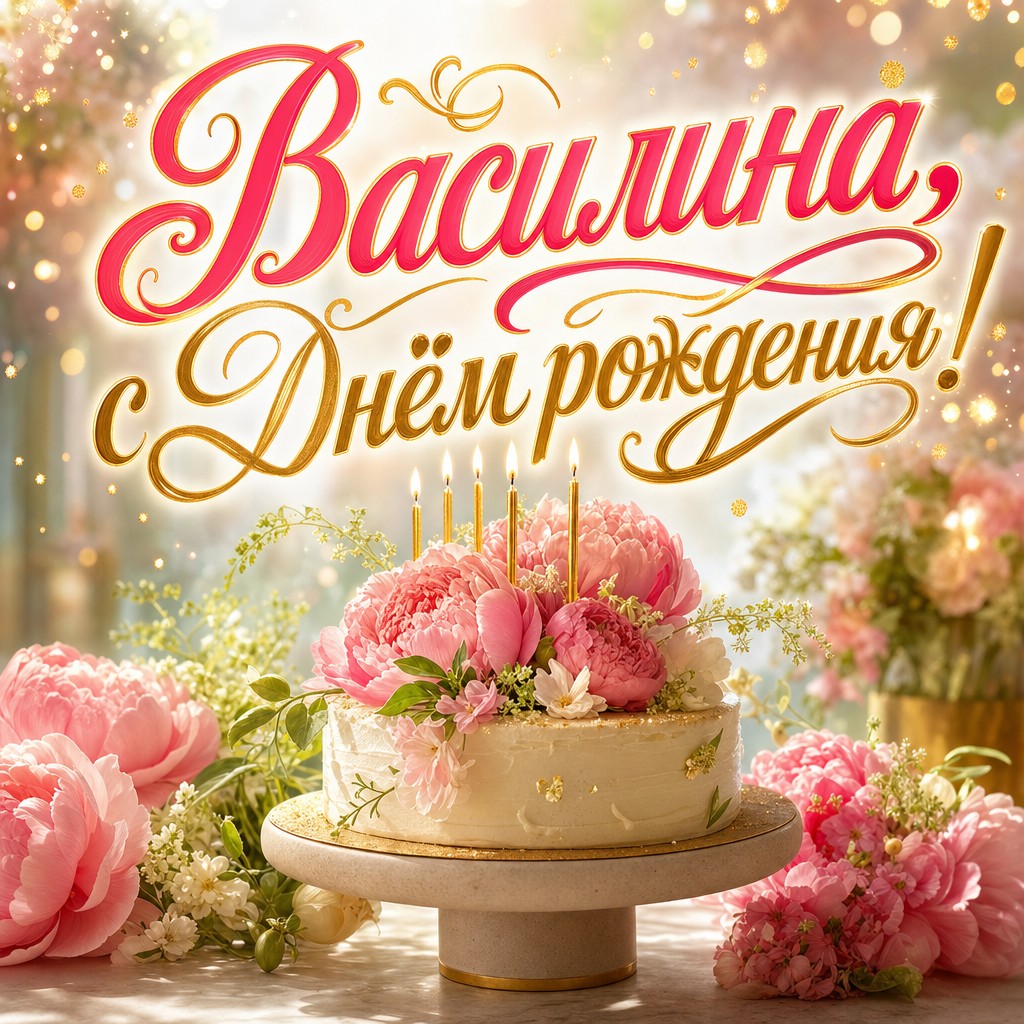 Нежная премиальная открытка с Днем Рождения Василине: торт, пионы и золотые свечи в мягкой пудровой палитре.