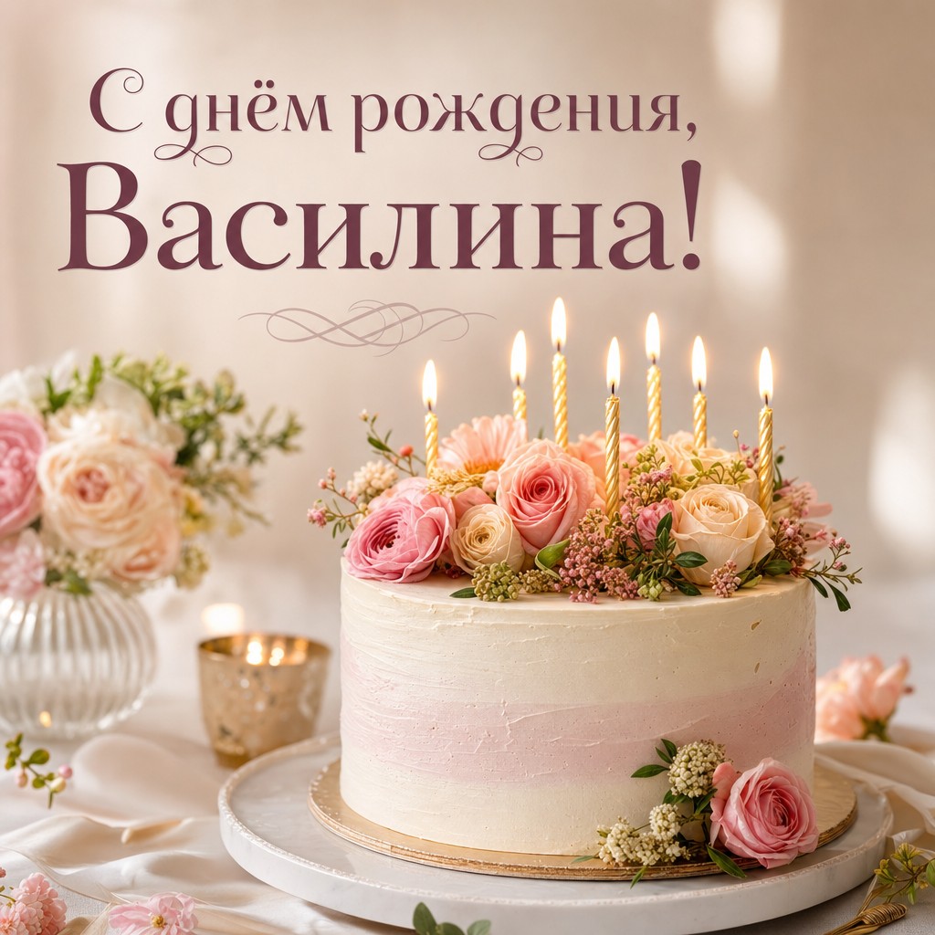 Яркая открытка с тортом и свечами для Василины на день рождения.