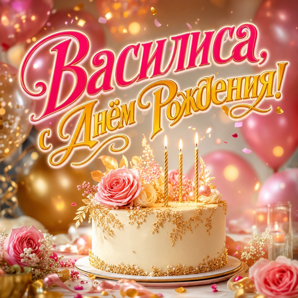 Нежная премиальная открытка с Днем Рождения Василисе: торт, свечи и воздушные шары в теплой праздничной палитре.